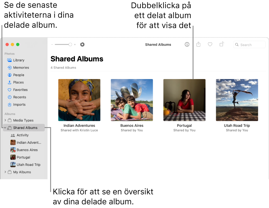 Bilder-fönstret där Delade album är markerat i sidofältet och delade album visas till höger.