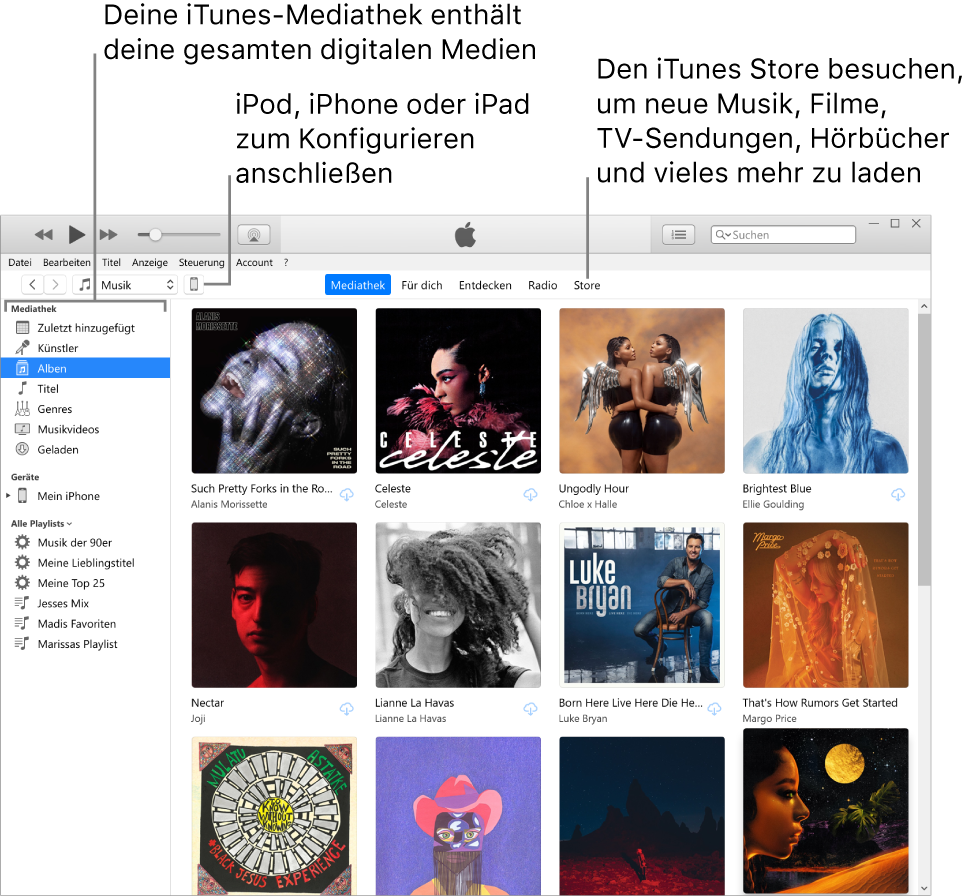 Ansicht des iTunes-Fensters: Das iTunes-Fenster besteht aus zwei Registerkarten. Links befindet sich die Seitenleiste „Mediathek“ mit all deinen digitalen Medien. Im größeren Bereich auf der rechten Seite kannst du eine Auswahl ansehen, die dich interessiert. Du kannst dort z. B. deine Mediathek oder deine Seite „Für dich“ anzeigen, in neuer iTunes-Musik oder in Videos stöbern oder den iTunes Store besuchen, um neue Musik, Filme, TV-Sendungen, Hörbücher und mehr zu laden. Oben rechts in der Seitenleiste „Mediathek“ befindet sich die Schaltfläche „Geräte“, die zeigt, dass dein iPhone, iPad oder iPod mit deinem PC verbunden ist.