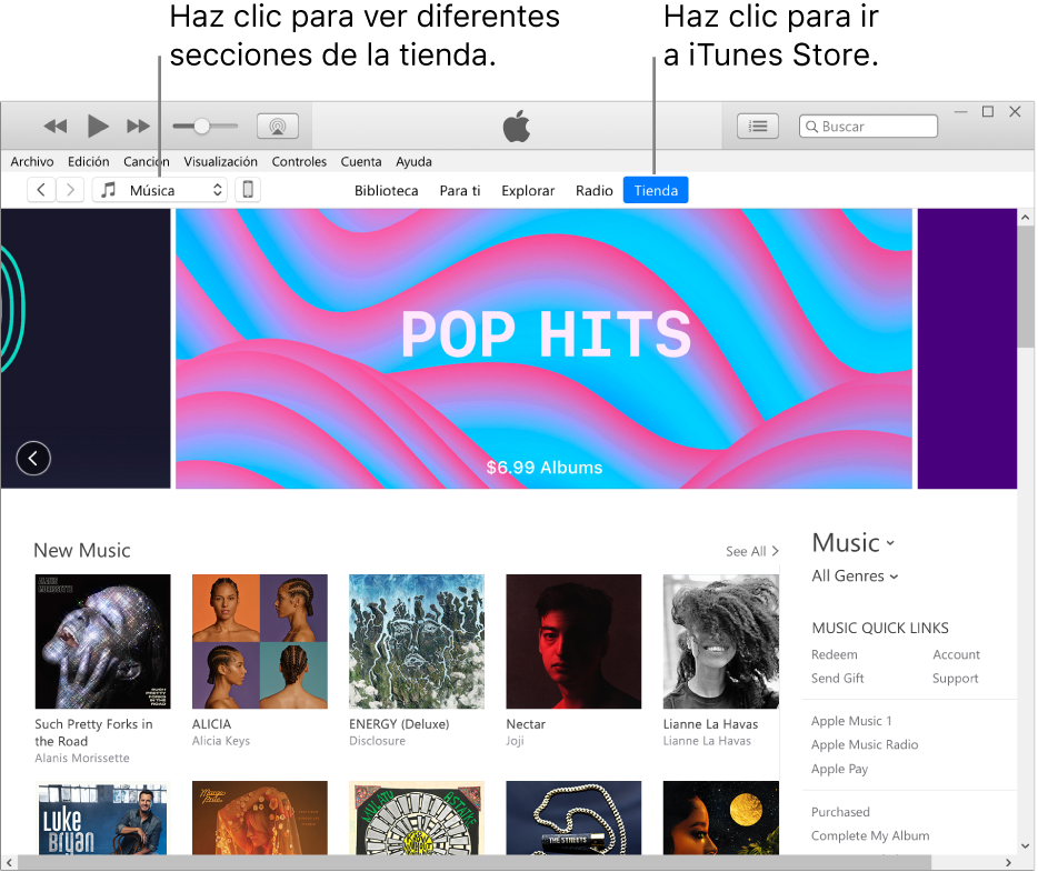 La ventana principal de iTunes Store: en la barra de navegación, la pestaña Tienda está resaltada. En la esquina superior izquierda, elige el contenido que quieres ver en la tienda (por ejemplo, Música o TV).