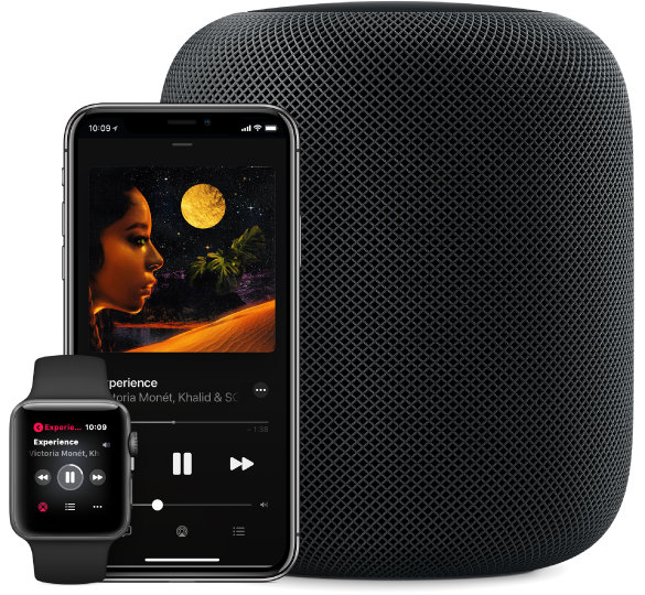 Een nummer uit Apple Music wordt afgespeeld op een Apple Watch, iPhone en HomePod.