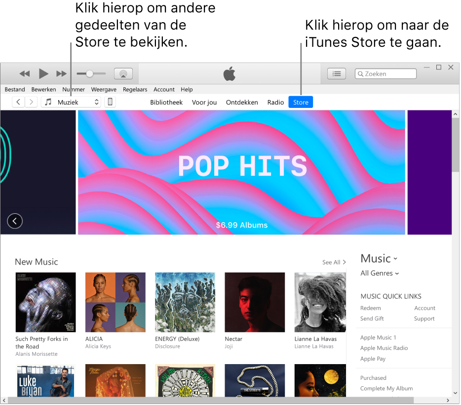 Het hoofdvenster van de iTunes Store: 'Store' is gemarkeerd in de navigatiebalk. In de linkerbovenhoek kun je aangeven of je andere inhoud (zoals 'Muziek' of 'Tv') in de Store wilt weergeven.