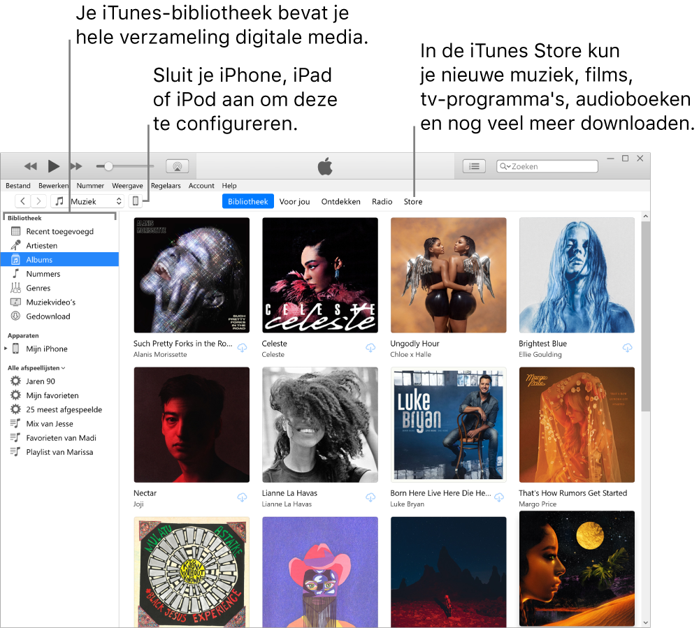 Weergave van het iTunes-venster: Het iTunes-venster bestaat uit twee panelen. De zijbalk 'Bibliotheek' bevindt zich aan de linkerkant. Hier zie je al je digitale media. In het grotere inhoudsgedeelte aan de rechterkant zie je een selectie waarin je geïnteresseerd bent. Ga bijvoorbeeld naar je bibliotheek of de pagina 'Voor jou', blader door nieuwe iTunes-muziek en -video's of ga naar de iTunes Store om nieuwe muziek, films, tv-programma's, audioboeken en meer te downloaden. Rechtsboven in de zijbalk 'Bibliotheek' vind je de knop 'Apparaat', waar wordt aangegeven dat je iPhone, iPad of iPod is verbonden met je pc.