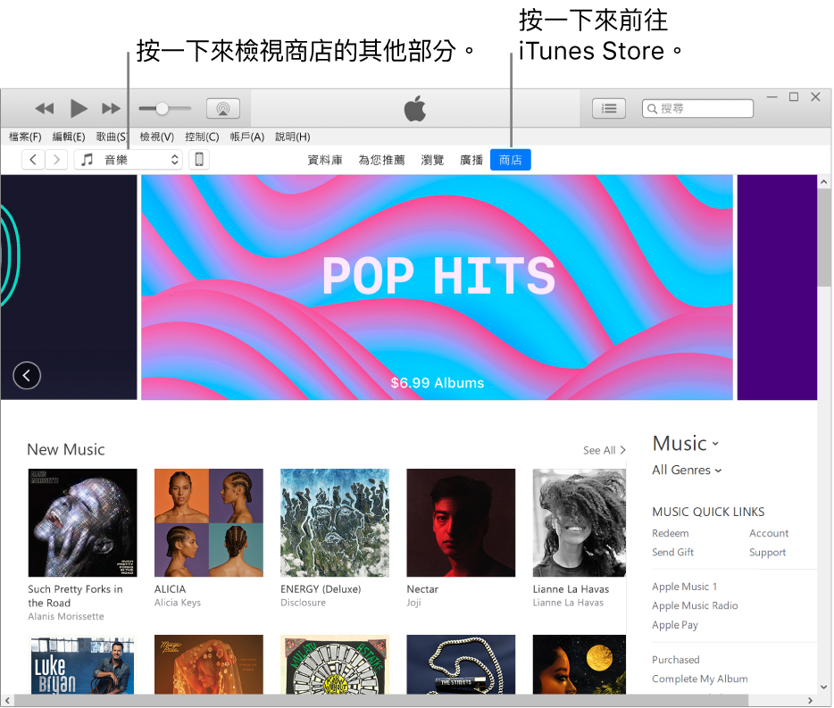 iTunes Store 主視窗:在導覽列中,「商店」已醒目標示。在左上角,選擇以在「商店」中檢視不同內容(例如「音樂」或「電視」)。