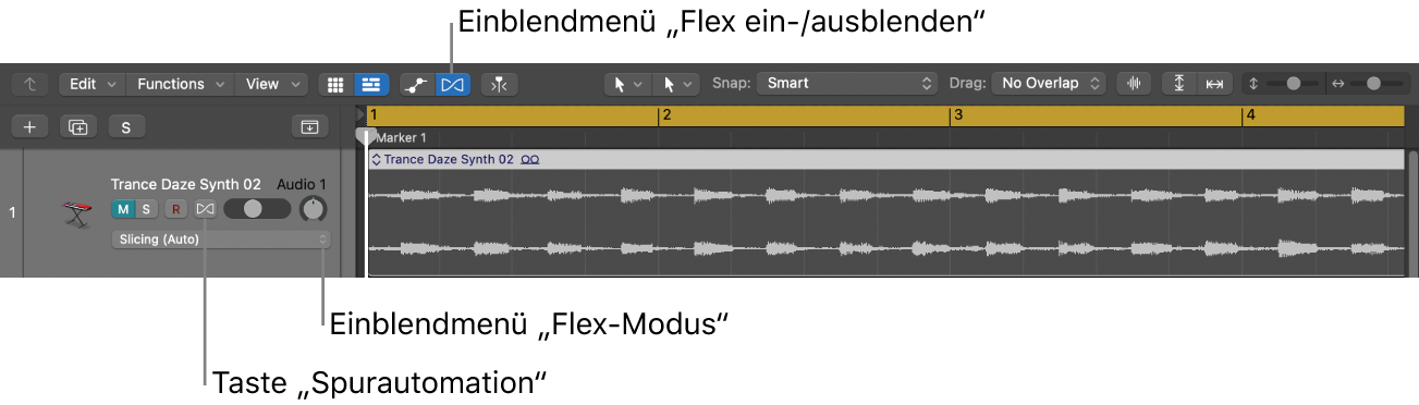 Abbildung. Taste „Flex“ und Einblendmenü „Flex-Modus“ im Spur-Header einer Audiospur