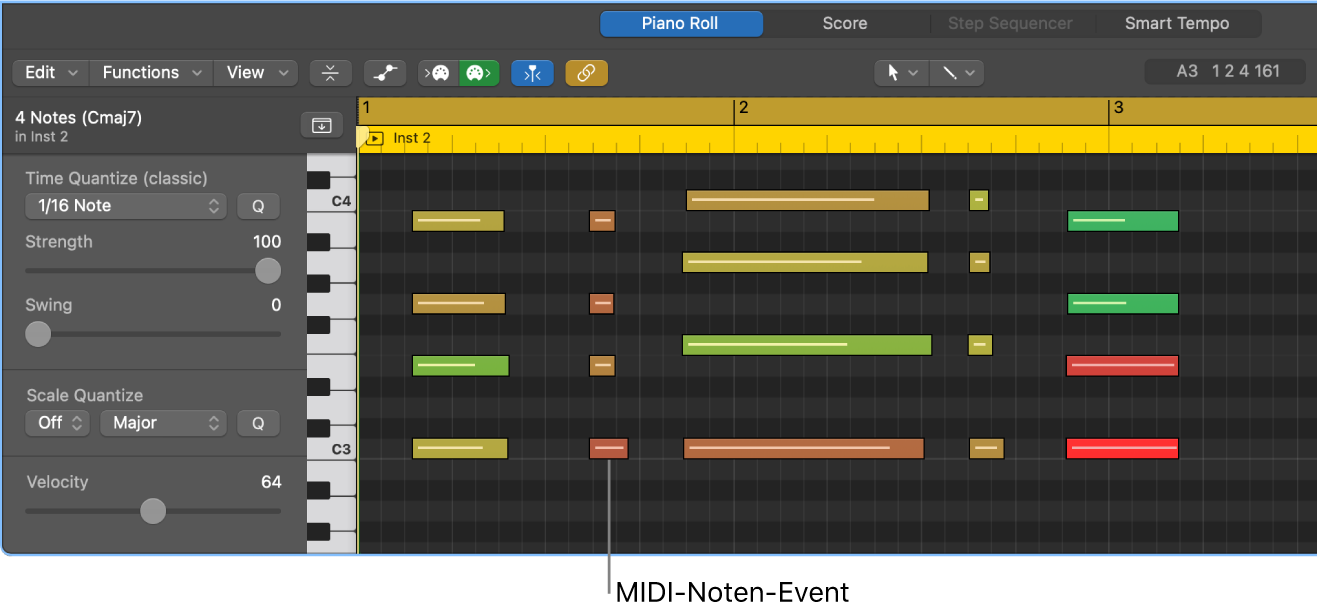Abbildung. Pianorolleneditor mit hervorgehobenem MIDI-Noten-Event
