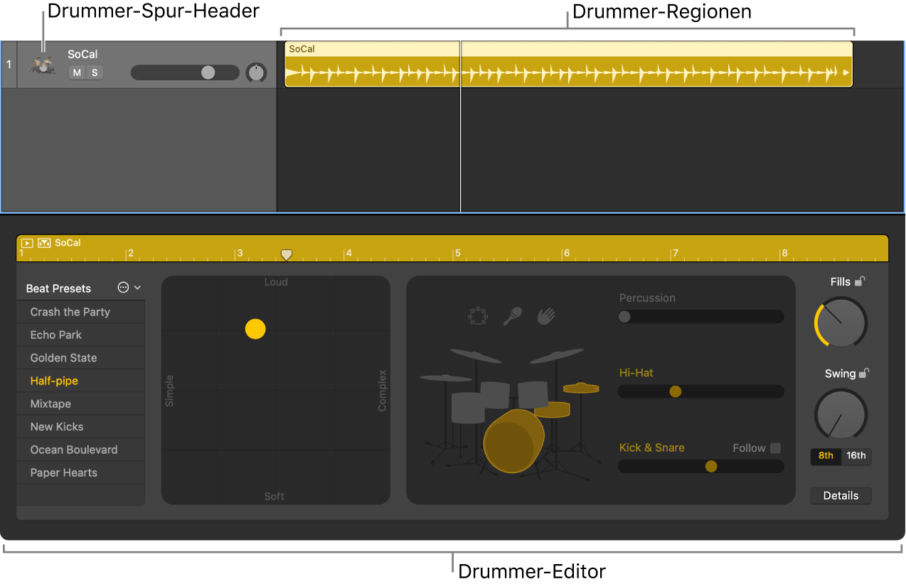 Abbildung. Zeigt eine Drummer-Spur mit Drummer-Regionen und den Drummer-Editor