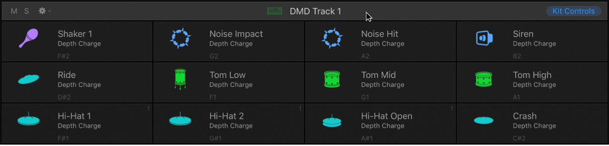 Abbildung. Grid und Leiste mit den Drumkit-Steuerungen in Drum Machine Designer