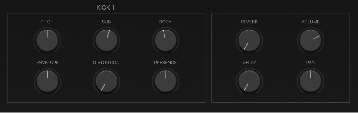 Abbildung. Smart Controls-Parameter für Klänge und Effekte für ein Drumkit-Element