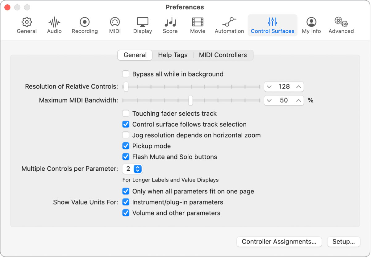 Abbildung. Fenster des Bereichs „Bedienoberflächen“ von Logic Pro.