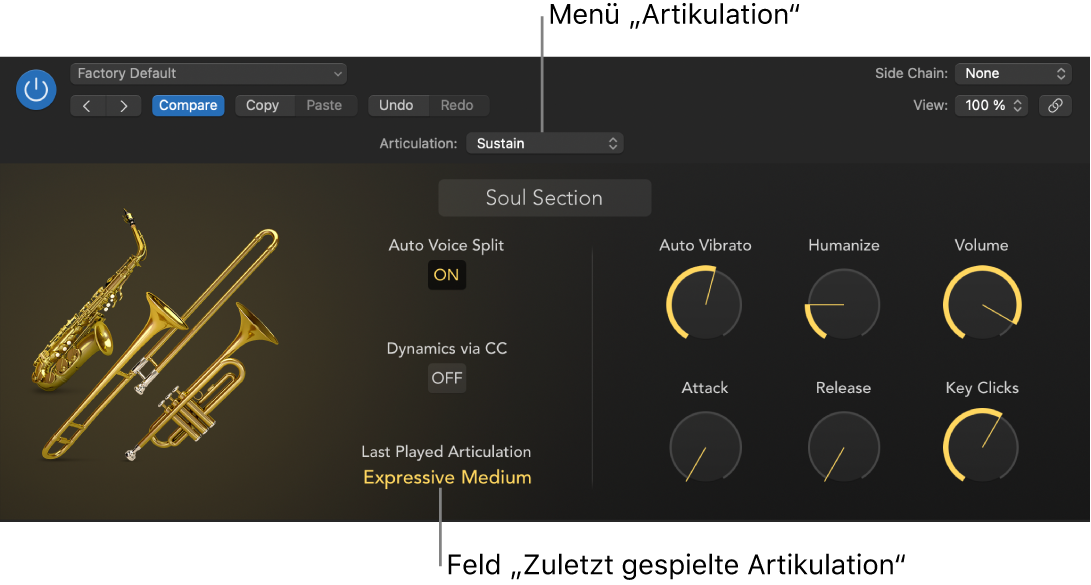 Abbildung. Software-Instrument mit Menü „Artikulation“ und dem Feld für die zuletzt gespielte Artikulation