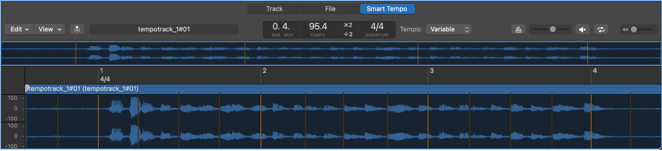 Abbildung. Editor „Smart Tempo“ mit Audiodatei und einen ausgewählten Beat