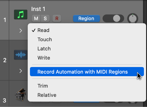 Das Menüobjekt „Automation mit MIDI-Regionen aufnehmen“ im Einblendmenü „Automationsmodus“