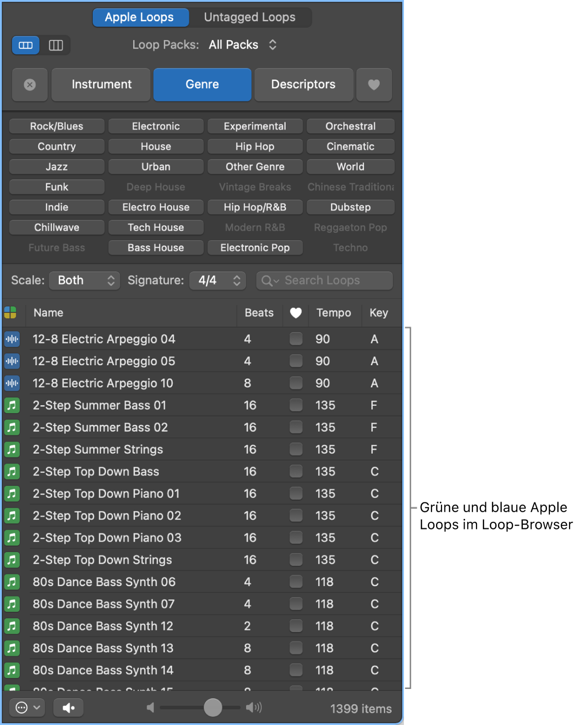 Loopübersicht mit Software-Instrument (grün) und Audio (blau) Apple Loops