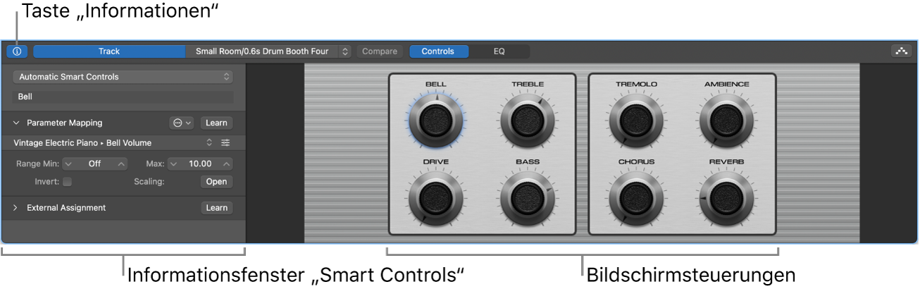 Abbildung. Bereich „Smart Controls“ mit Bildschirmsteuerungen und Informationsfenster