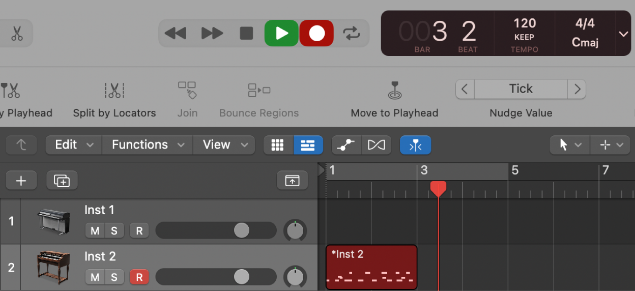 Abbildung. Anzeige einer aufgenommenen MIDI-Region in roter Farbe im Bereich „Spuren“