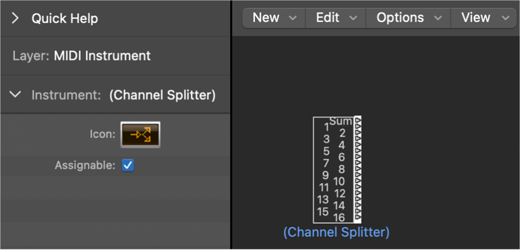 Figure. Environment window showing a channel splitter object and its inspector.