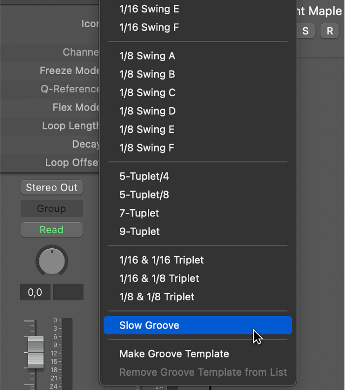 Figure. The default groove template name selected in the Quantize pop-up menu.