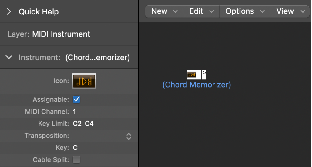 Figure. Environment window showing a chord memorizer object and its inspector.