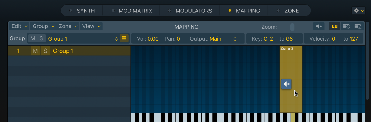 Figure. Sampler Key Mapping Editor, showing an audio file being dragged onto an empty zone.