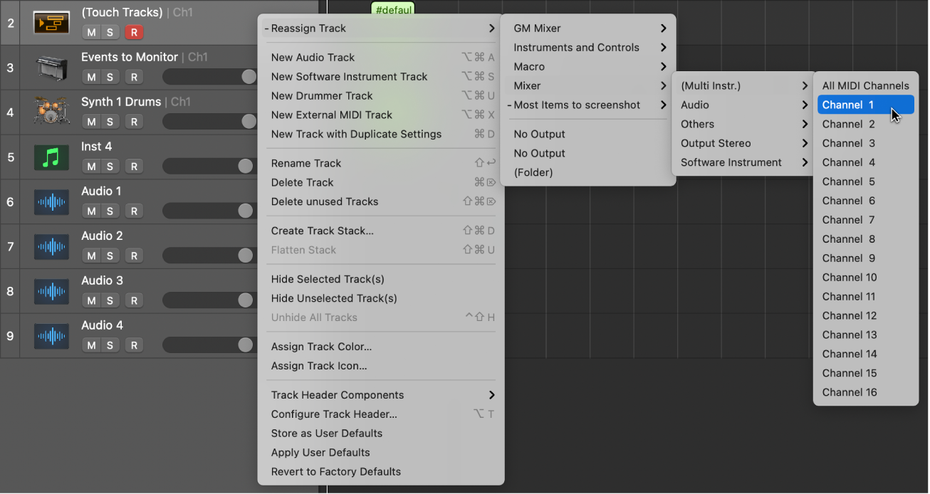 Figure. Browsing to the mapped instrument in the Reassign Track shortcut menu in the Tracks area.