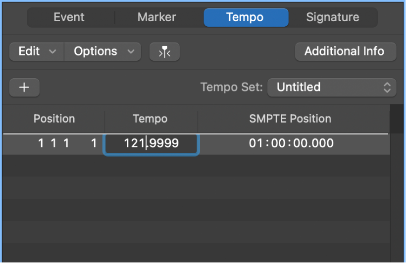Figure. Tempo tab with tempo selected, ready to enter a new tempo value.