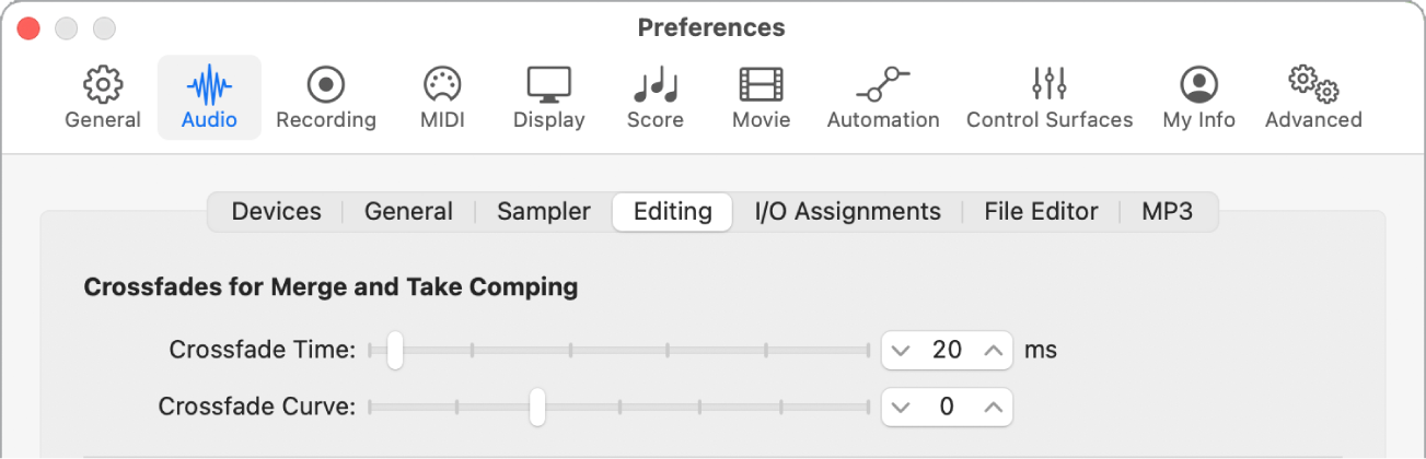 Figure. Editing Audio preferences showing crossfade parameters.