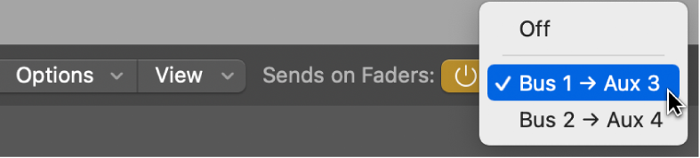 Figure. Choosing an effects return channel from the Sends on Faders pop-up menu.