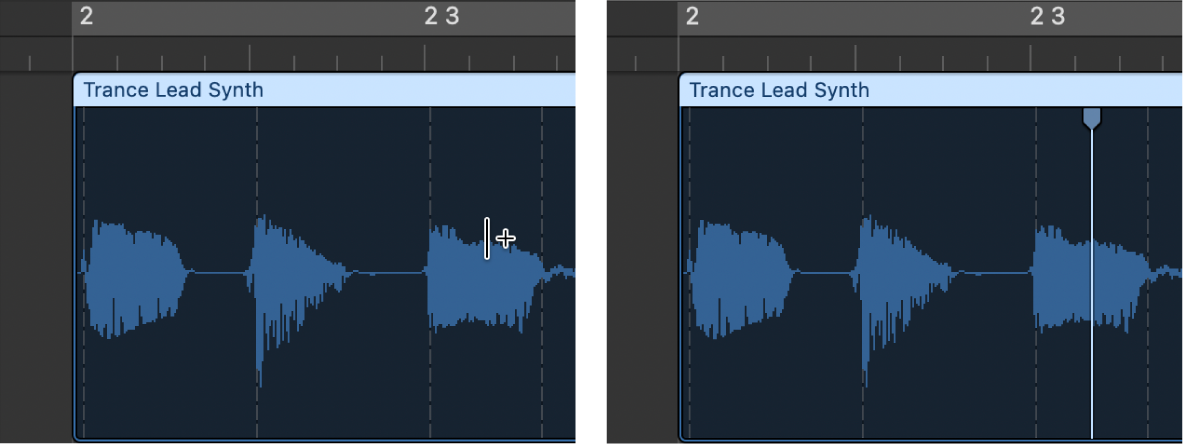 Figure. Audio region showing flex marker creation at position where no transient marker exists.