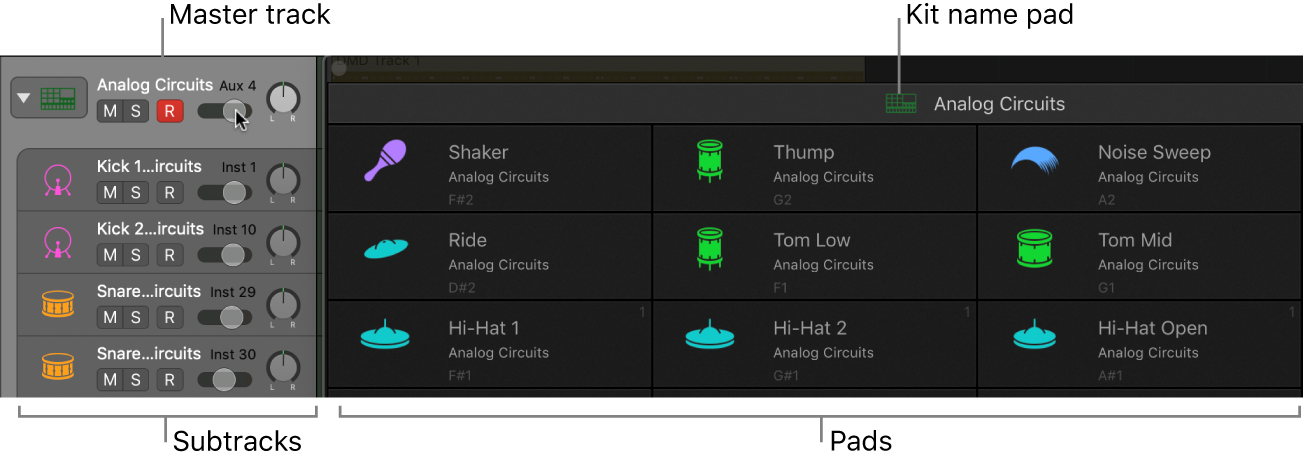 Figure. Drum Machine Designer shown beside corresponding master and subtracks.