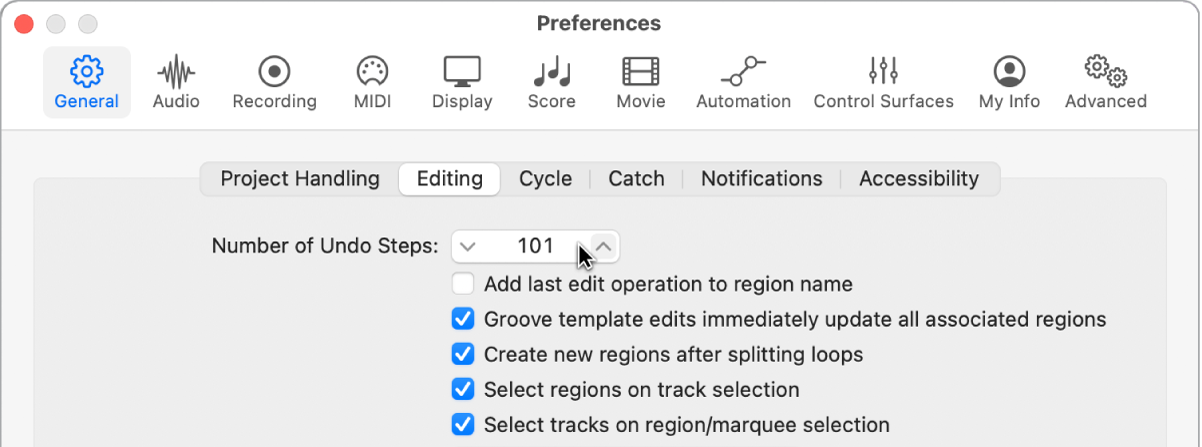 Figure. “Number of Undo Steps” field in the Editing pane in the General preferences.