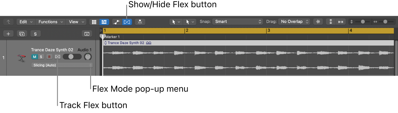 Figure. Flex button and Flex Mode pop-up menu in an audio track header.