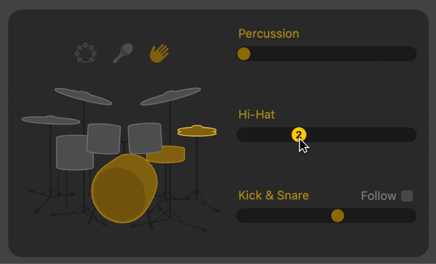 Figure. Dragging a Hi-Hat slider in the Drummer Editor.