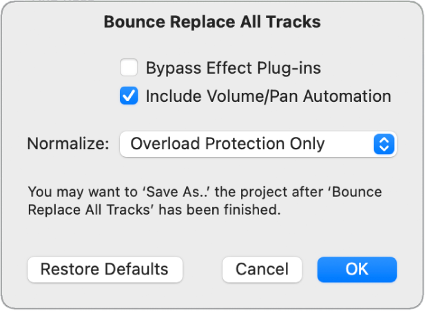 Figure. Bounce Replace All Tracks dialog.