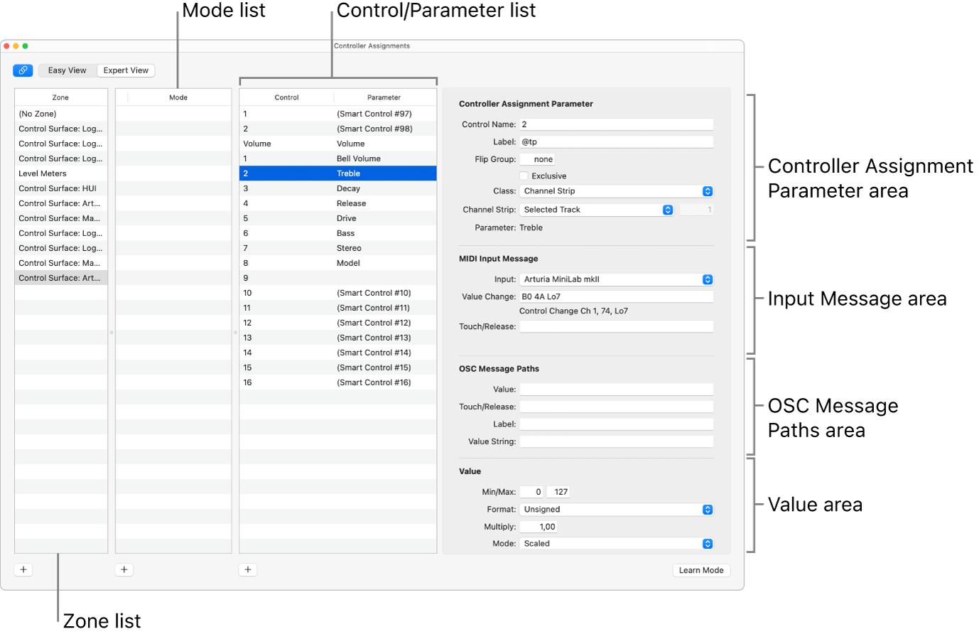Figure. Controller Assignments window in expert view mode.