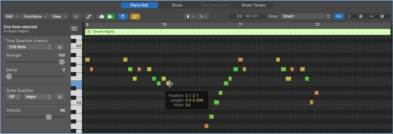 Figure. Editing a MIDI note event in the Piano Roll Editor.