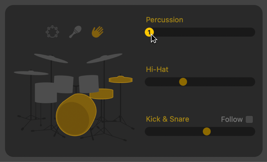 Figure. Dragging the Percussion slider in the Drummer Editor.
