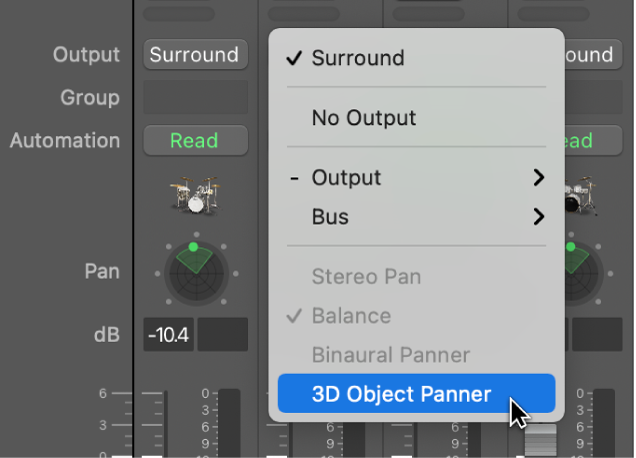 Figure. The 3D Object Panner in the Output slot.