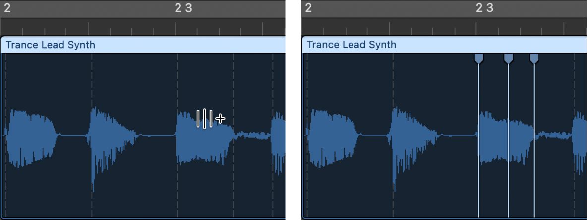 Figure. Audio region showing the creation of three flex markers.