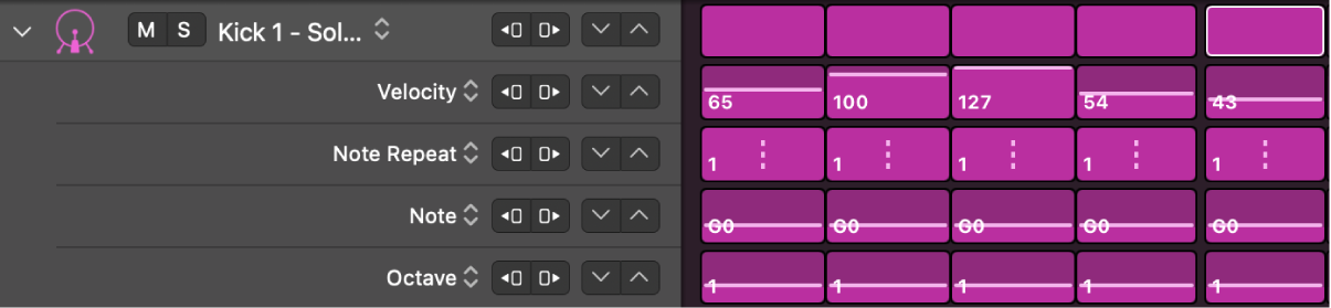 Step Sequencer row and subrows, each with a different edit mode.