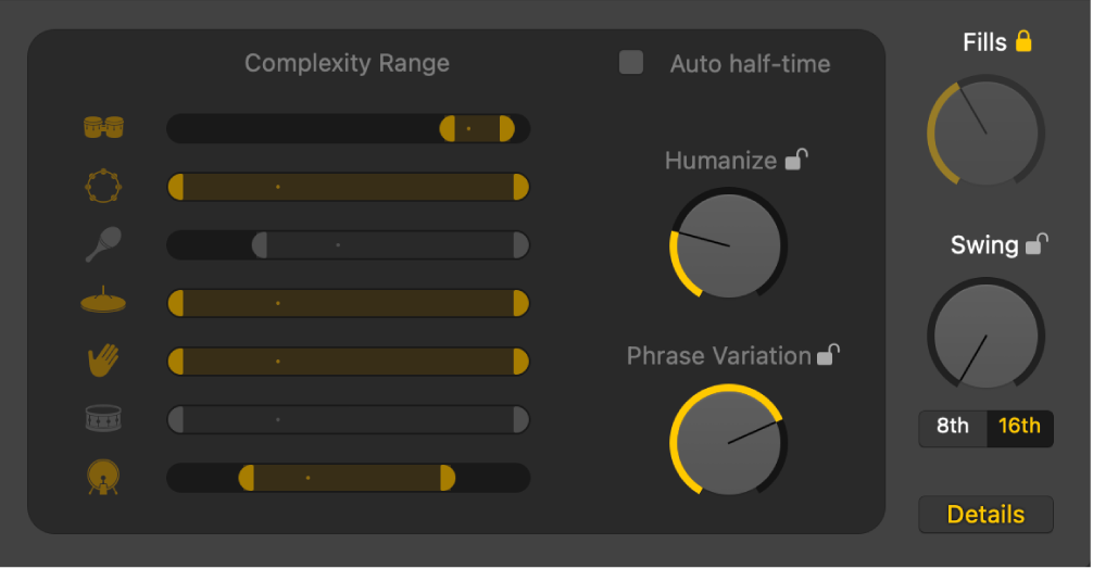 Figure. Humanize knob, Evolution knob, and Complexity Range sliders in the Drummer Editor.