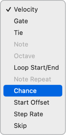 Step Sequencer Edit Mode pop-up menu open in a subrow, showing different edit modes.