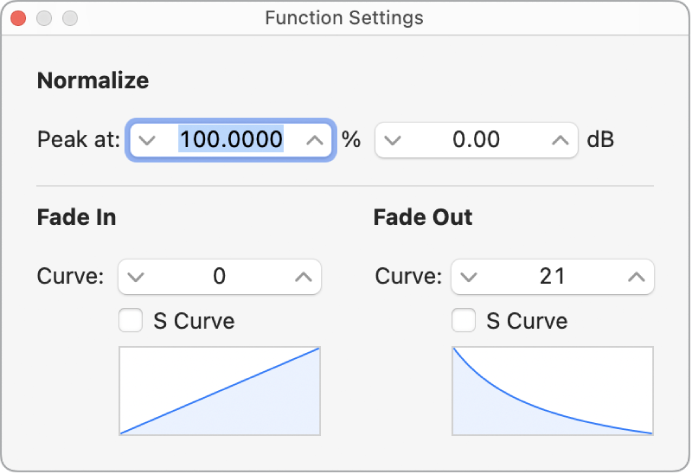 Ilustración. Ventana “Ajustes de función” con el valor de curva editado en “Fundido de salida”.
