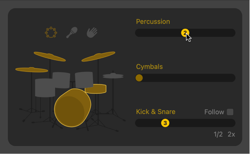 Ilustración. Editor Drummer con controles de variación de patrón acústico.