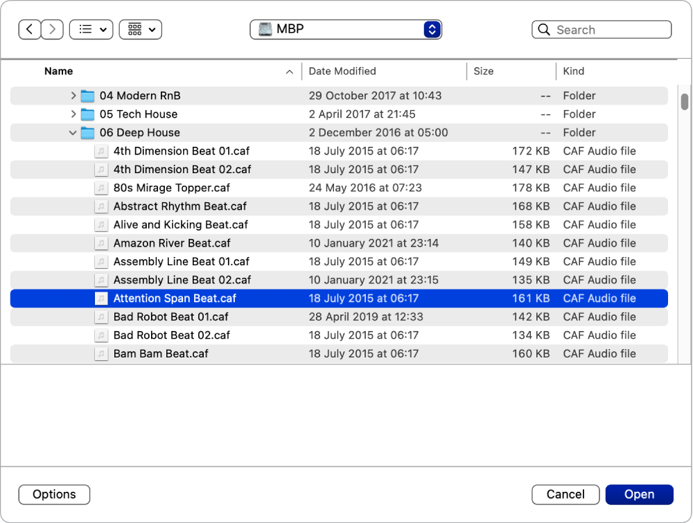 Ilustración. Selector de archivos de Sampler, que muestra un archivo de audio seleccionado, casillas de opciones y el botón Play.