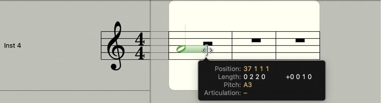 Ilustración. Se está ampliando la barra de duración de nota en el editor de partituras.