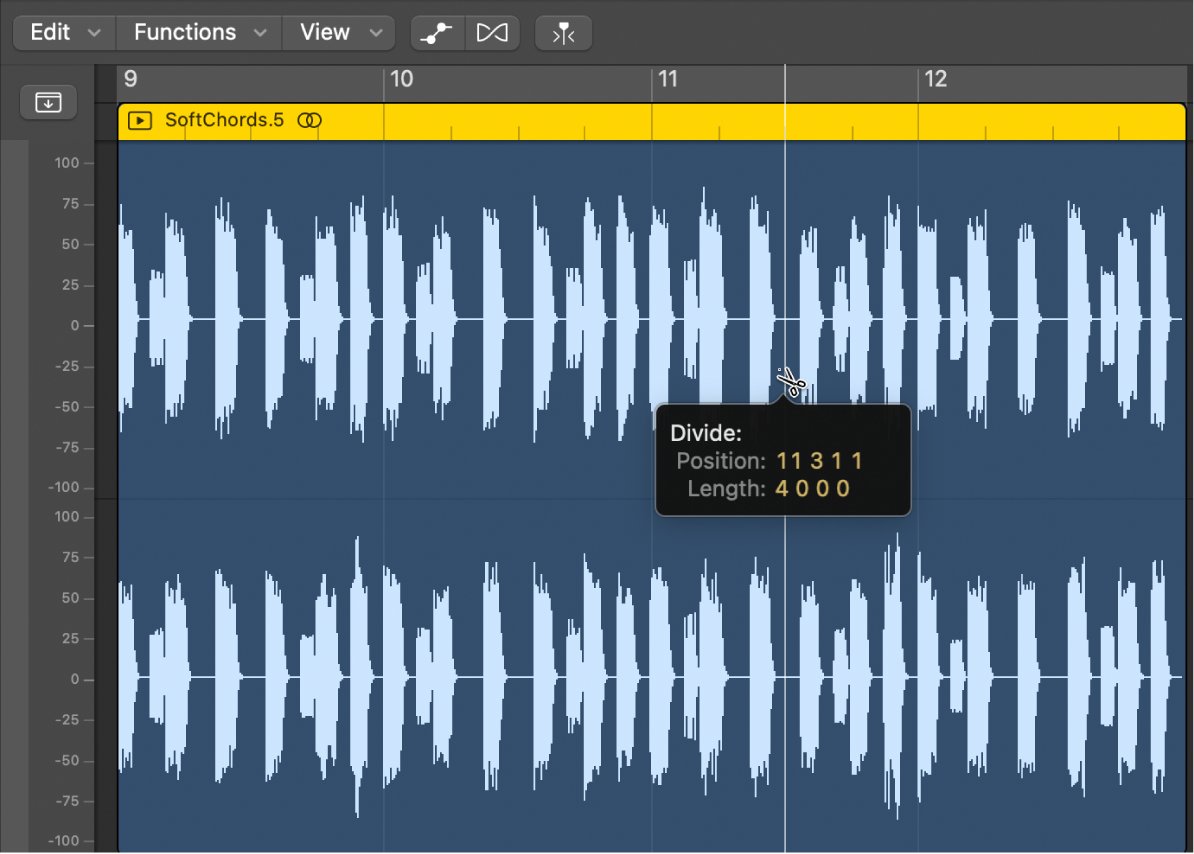 Ilustración. Se está editando un pasaje de audio en el editor de pistas de audio.