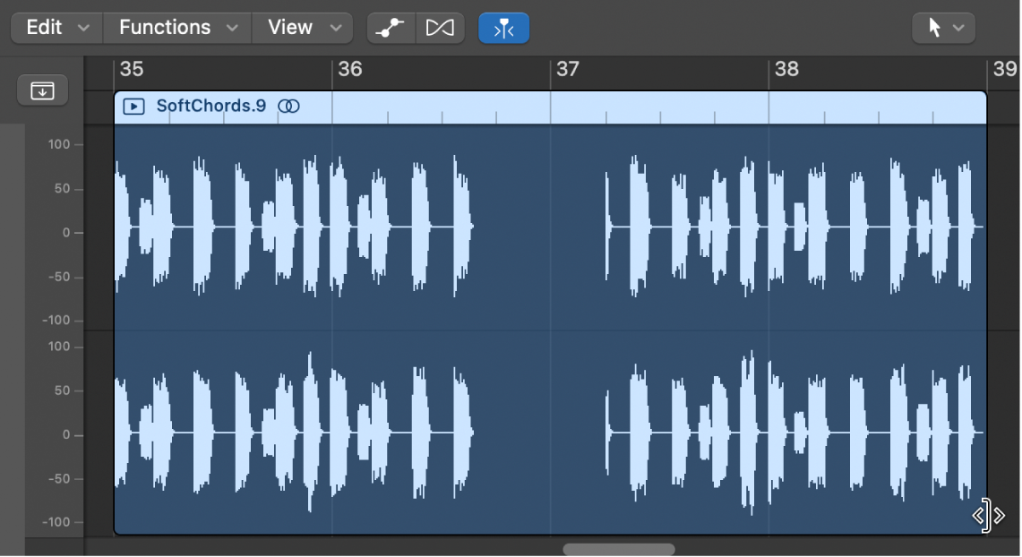 Ilustración. Puntero de acortamiento sobre el borde inferior derecho de un pasaje de audio en el editor de pistas de audio.