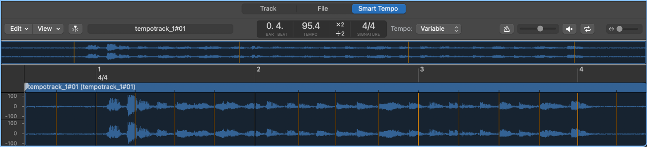 Ilustración. Editor de tempo inteligente con un archivo de audio y un tiempo seleccionado.