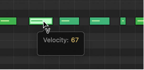 Ilustración. Se está editando la velocidad de una nota MIDI en el editor de teclado con la herramienta Velocidad. La etiqueta de ayuda muestra el valor de Velocidad.