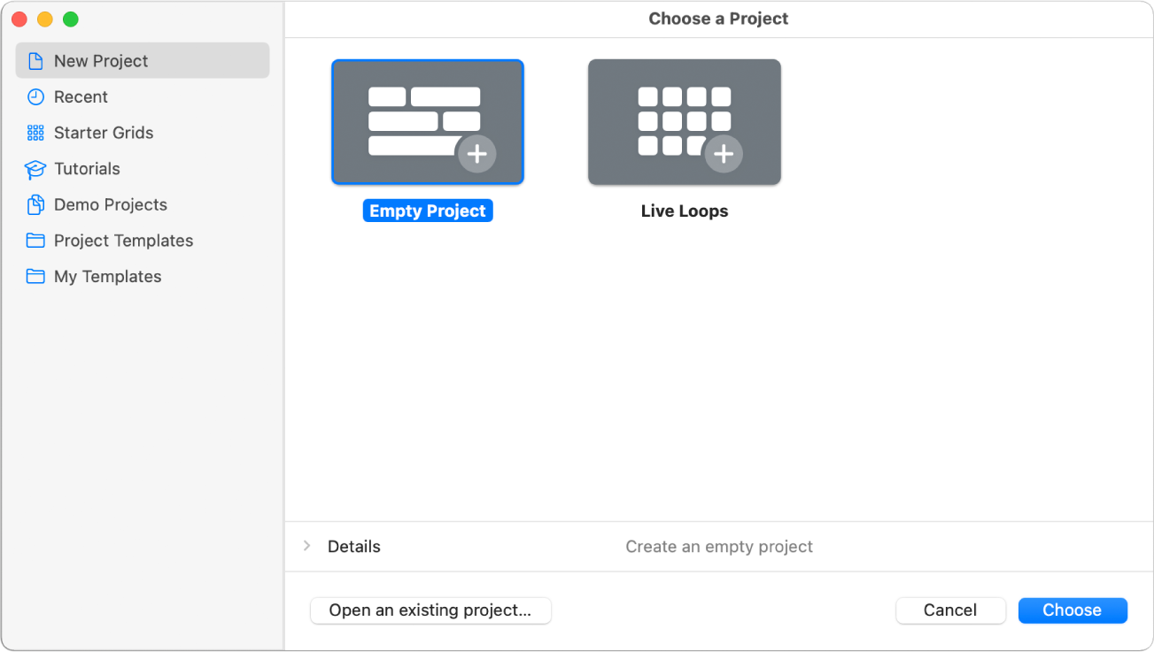 Ilustración. Selector de proyectos con la opción “Proyecto vacío” seleccionada.